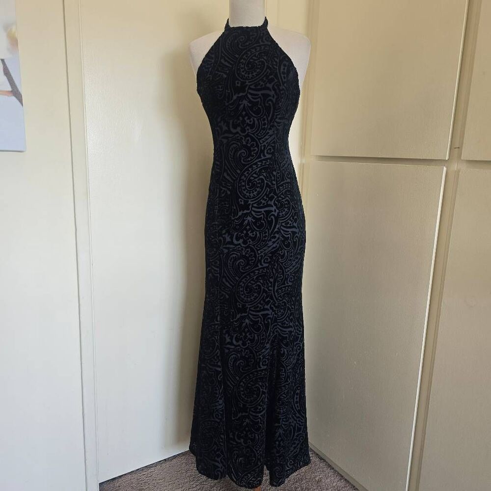 Georgiou Devoré(burnout Velvet) Blk Velvet High Neck Halter Gown,Fit/Flare,EUC,6